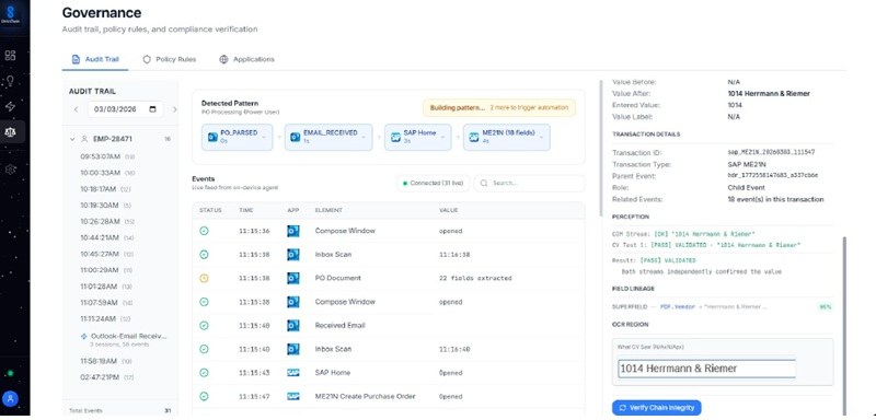 OmniTwin governance view: tamper-evident audit trail with chain-integrity verification